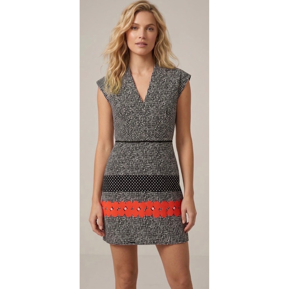 Artelier Nicole Miller Polka Dot Sheath Dress Orange Floral Black White 8